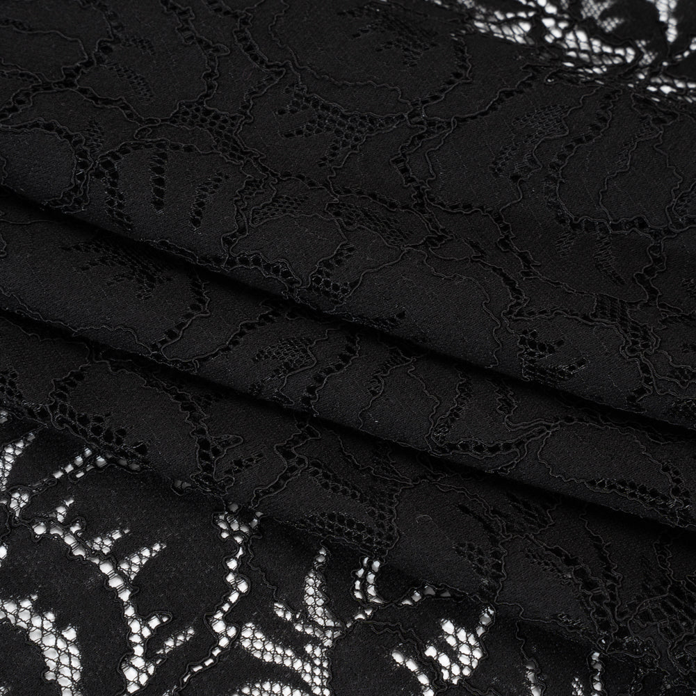 Stretch Corded Lace with Finished Edges - Black Bold Blooming Florals - Dania Collection