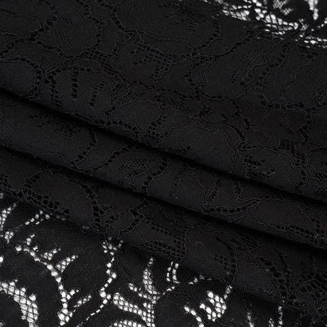 Stretch Corded Lace with Finished Edges - Black Bold Blooming Florals - Dania Collection