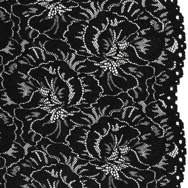 Stretch Corded Lace with Finished Edges - Black Bold Blooming Florals - Dania Collection