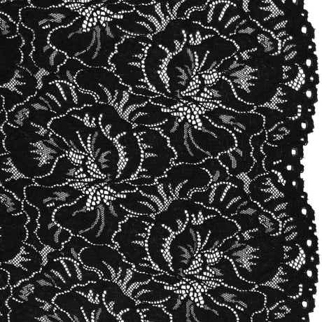 Stretch Corded Lace with Finished Edges - Black Bold Blooming Florals - Dania Collection