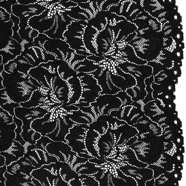 Stretch Corded Lace with Finished Edges - Black Bold Blooming Florals - Dania Collection