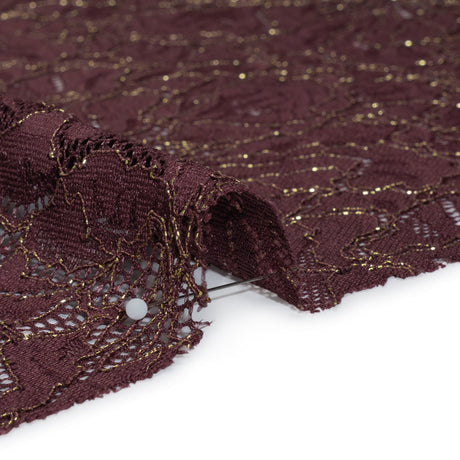 Stretch Metallic Corded Lace with Finished Edges - Deep Orchid Purple and Gold Bold Blooming Florals - Dania Collection