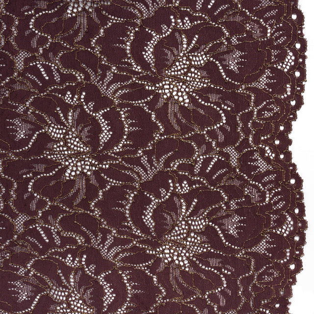 Stretch Metallic Corded Lace with Finished Edges - Deep Orchid Purple and Gold Bold Blooming Florals - Dania Collection