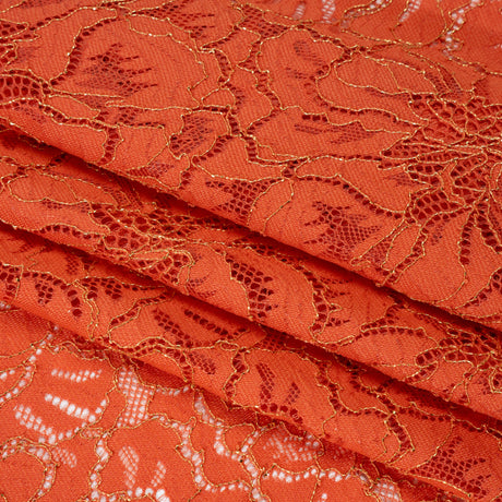 Stretch Metallic Corded Lace with Finished Edges - Burnt Sienna and Gold Bold Blooming Florals - Dania Collection