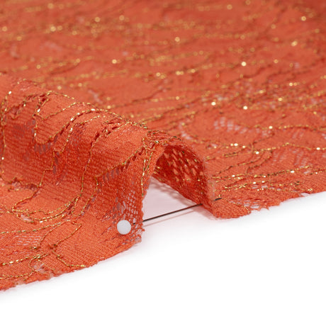 Stretch Metallic Corded Lace with Finished Edges - Burnt Sienna and Gold Bold Blooming Florals - Dania Collection