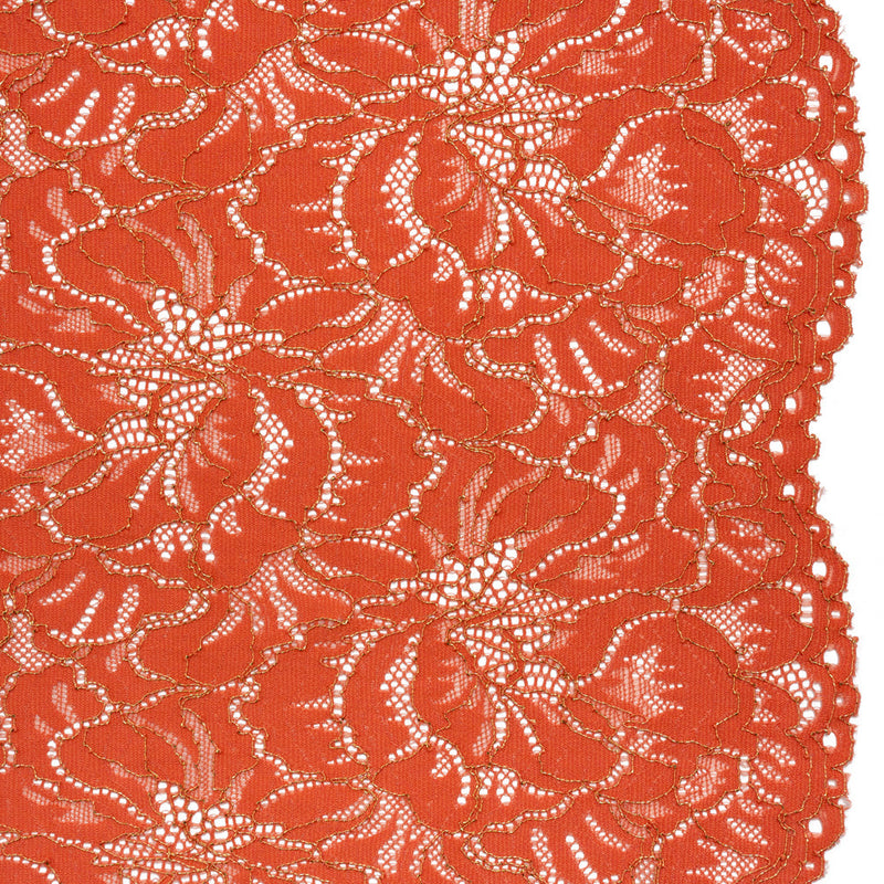 Stretch Metallic Corded Lace with Finished Edges - Burnt Sienna and Gold Bold Blooming Florals - Dania Collection