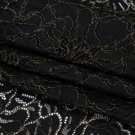 Stretch Metallic Corded Lace with Finished Edges - Black and Gold Bold Blooming Florals - Dania Collection