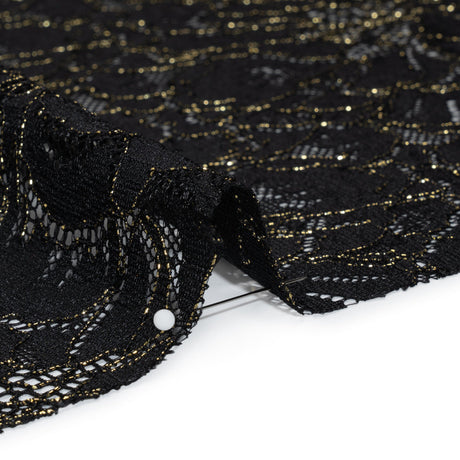 Stretch Metallic Corded Lace with Finished Edges - Black and Gold Bold Blooming Florals - Dania Collection