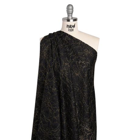 Stretch Metallic Corded Lace with Finished Edges - Black and Gold Bold Blooming Florals - Dania Collection