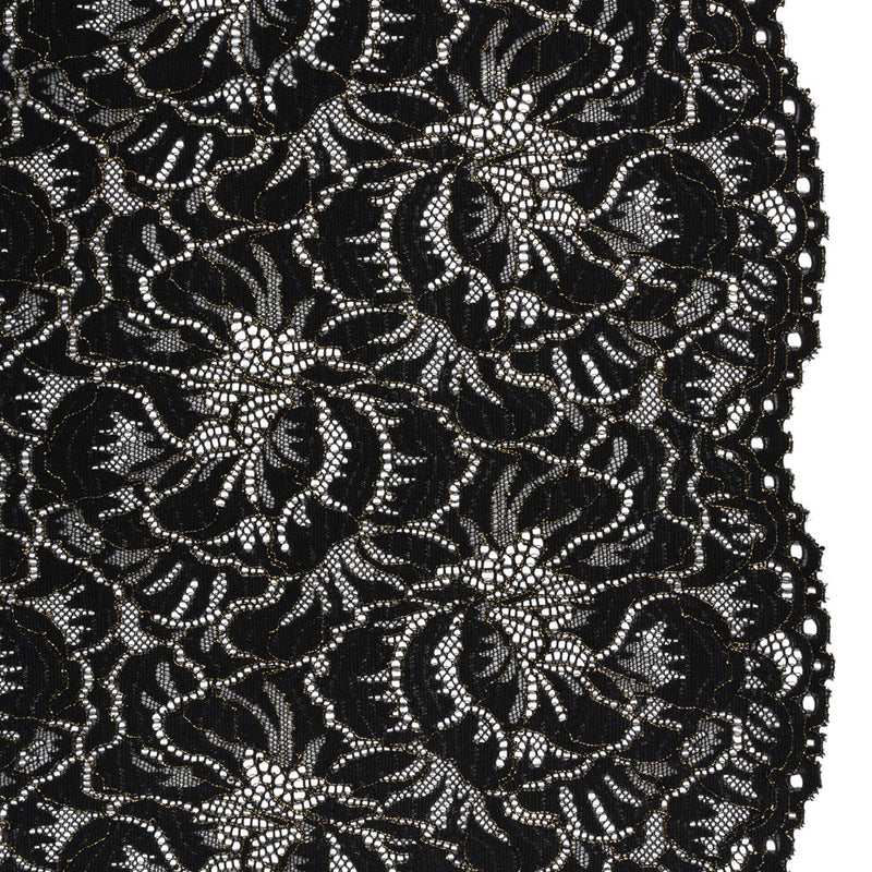Stretch Metallic Corded Lace with Finished Edges - Black and Gold Bold Blooming Florals - Dania Collection