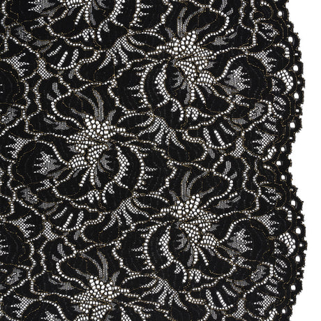 Stretch Metallic Corded Lace with Finished Edges - Black and Gold Bold Blooming Florals - Dania Collection