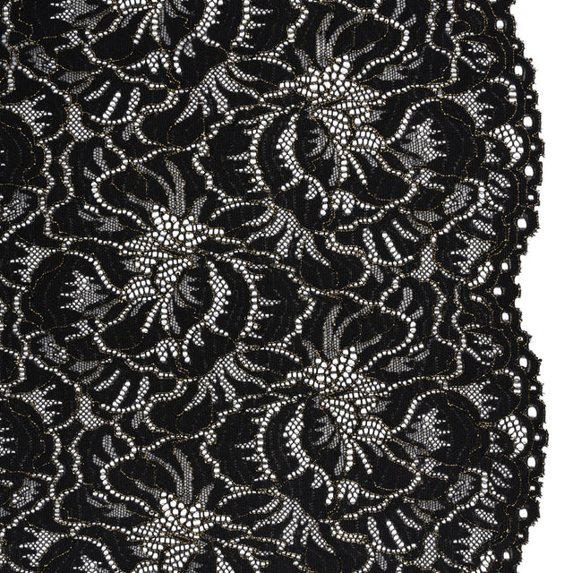 Stretch Metallic Corded Lace with Finished Edges - Black and Gold Bold Blooming Florals - Dania Collection