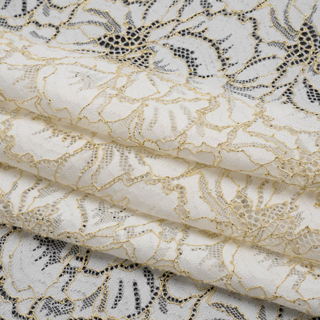 Stretch Metallic Corded Lace with Finished Edges - Ivory and Gold Bold Blooming Florals - Dania Collection