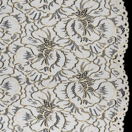 Stretch Metallic Corded Lace with Finished Edges - Ivory and Gold Bold Blooming Florals - Dania Collection