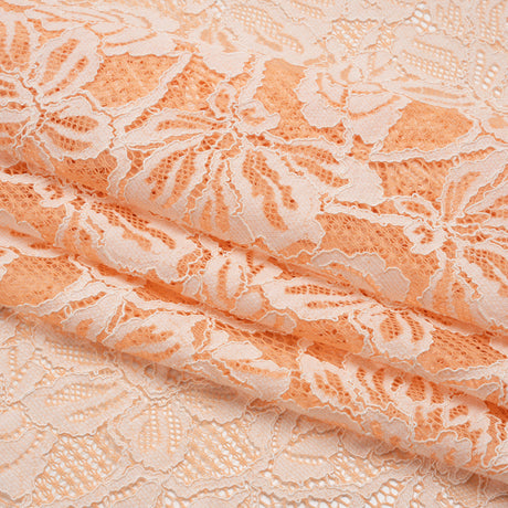 Stretch Corded Lace with Finished Edges - Shell Coral Orange and Natural Tropical Blossoms - Ottilie Collection