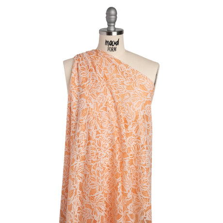 Stretch Corded Lace with Finished Edges - Shell Coral Orange and Natural Tropical Blossoms - Ottilie Collection