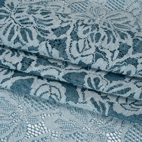 Stretch Corded Lace with Finished Edges - Storm Blue and Natural Tropical Blossoms - Ottilie Collection