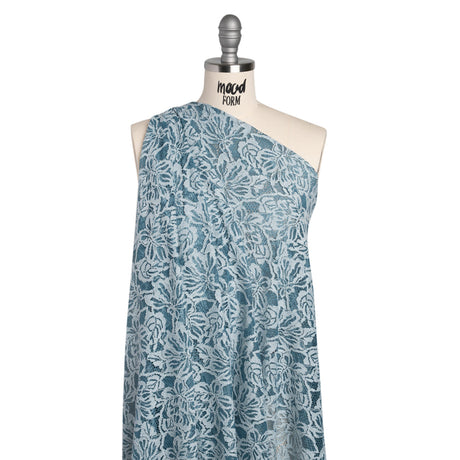 Stretch Corded Lace with Finished Edges - Storm Blue and Natural Tropical Blossoms - Ottilie Collection