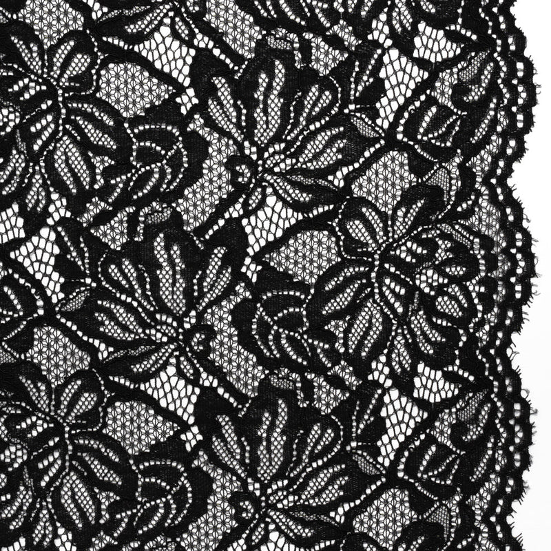 Stretch Corded Lace with Finished Edges - Black Tropical Blossoms - Ottilie Collection