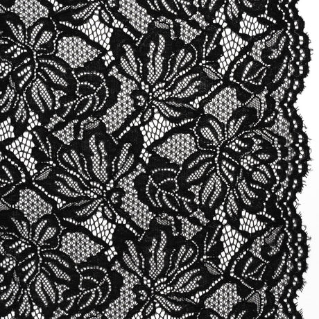 Stretch Corded Lace with Finished Edges - Black Tropical Blossoms - Ottilie Collection