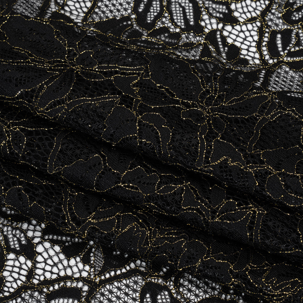 Stretch Metallic Corded Lace with Finished Edges - Black and Gold Tropical Blossoms - Ottilie Collection