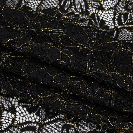 Stretch Metallic Corded Lace with Finished Edges - Black and Gold Tropical Blossoms - Ottilie Collection