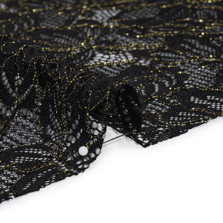 Stretch Metallic Corded Lace with Finished Edges - Black and Gold Tropical Blossoms - Ottilie Collection