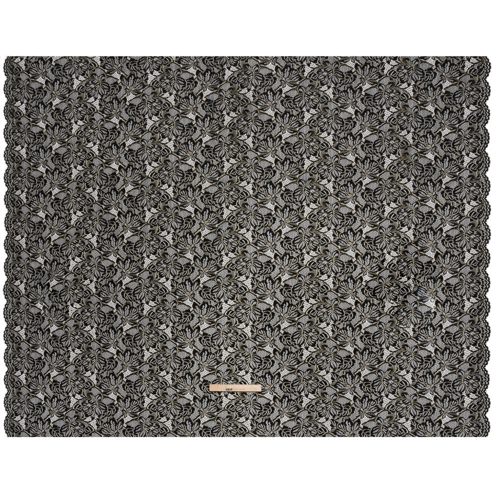 Stretch Metallic Corded Lace with Finished Edges - Black and Gold Tropical Blossoms - Ottilie Collection