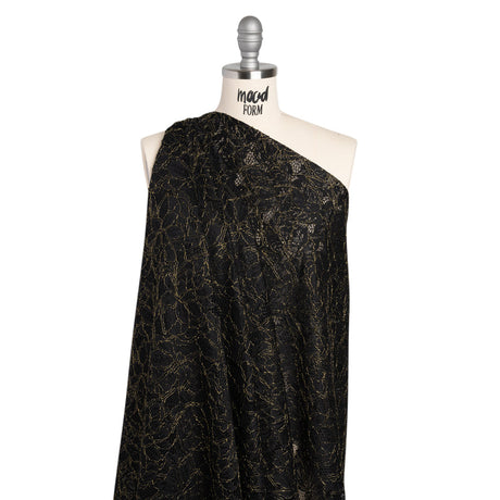 Stretch Metallic Corded Lace with Finished Edges - Black and Gold Tropical Blossoms - Ottilie Collection