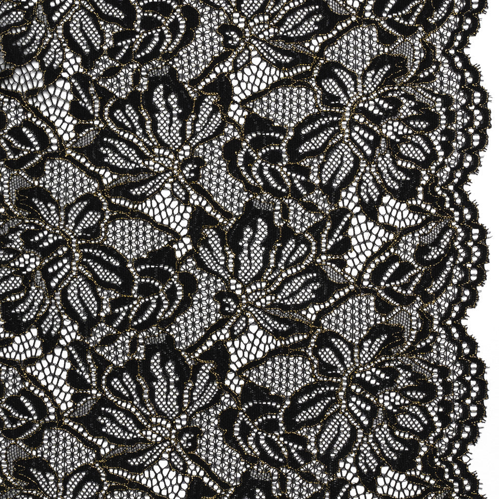 Stretch Metallic Corded Lace with Finished Edges - Black and Gold Tropical Blossoms - Ottilie Collection