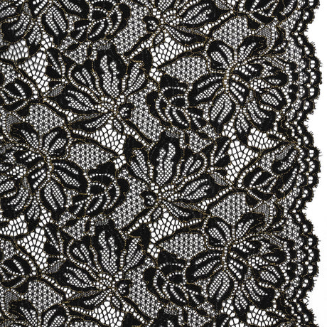 Stretch Metallic Corded Lace with Finished Edges - Black and Gold Tropical Blossoms - Ottilie Collection
