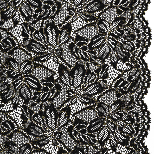 Stretch Metallic Corded Lace with Finished Edges - Black and Gold Tropical Blossoms - Ottilie Collection