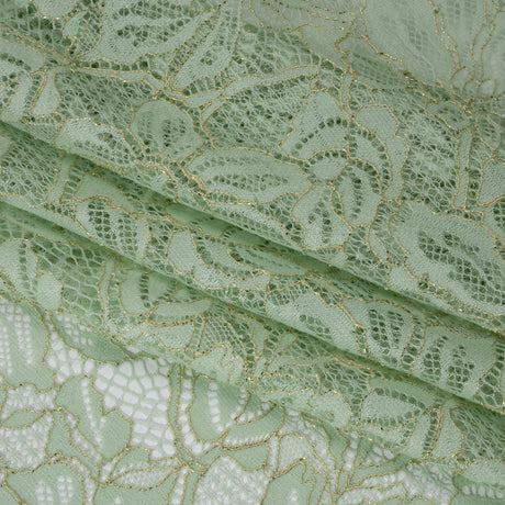 Stretch Metallic Corded Lace with Finished Edges - Dusty Aqua and Gold Tropical Blossoms - Ottilie Collection