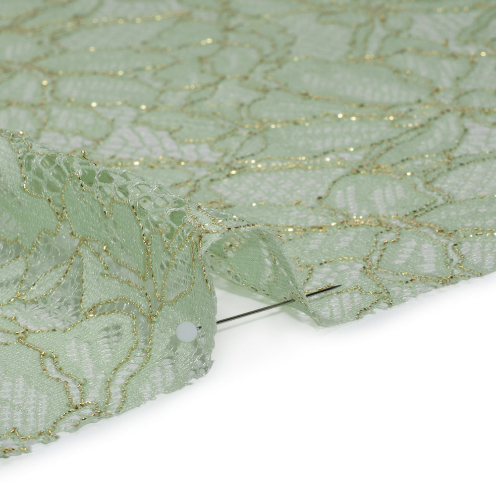 Stretch Metallic Corded Lace with Finished Edges - Dusty Aqua and Gold Tropical Blossoms - Ottilie Collection