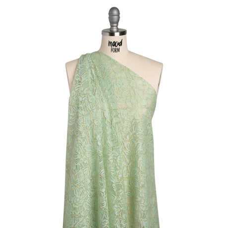 Stretch Metallic Corded Lace with Finished Edges - Dusty Aqua and Gold Tropical Blossoms - Ottilie Collection