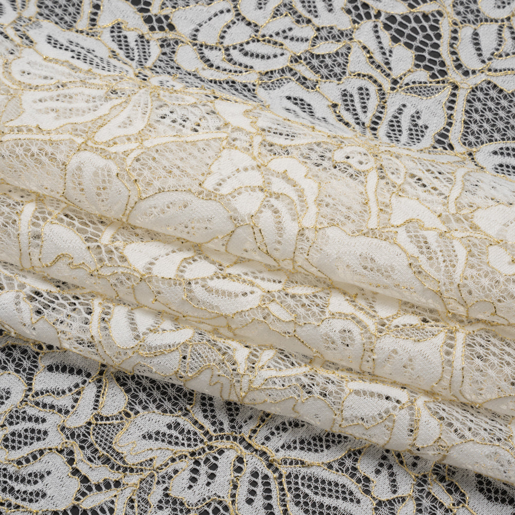 Stretch Metallic Corded Lace with Finished Edges - Ivory and Gold Tropical Blossoms - Ottilie Collection