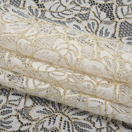 Stretch Metallic Corded Lace with Finished Edges - Ivory and Gold Tropical Blossoms - Ottilie Collection