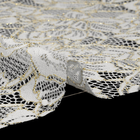 Stretch Metallic Corded Lace with Finished Edges - Ivory and Gold Tropical Blossoms - Ottilie Collection