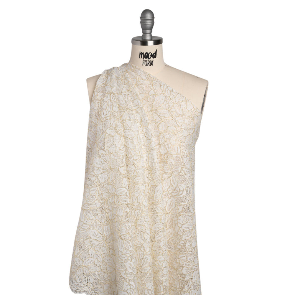 Stretch Metallic Corded Lace with Finished Edges - Ivory and Gold Tropical Blossoms - Ottilie Collection