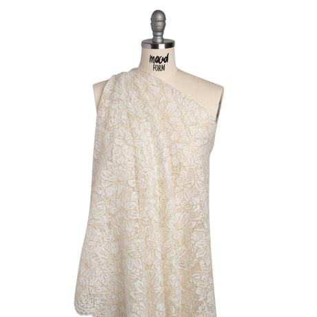 Stretch Metallic Corded Lace with Finished Edges - Ivory and Gold Tropical Blossoms - Ottilie Collection