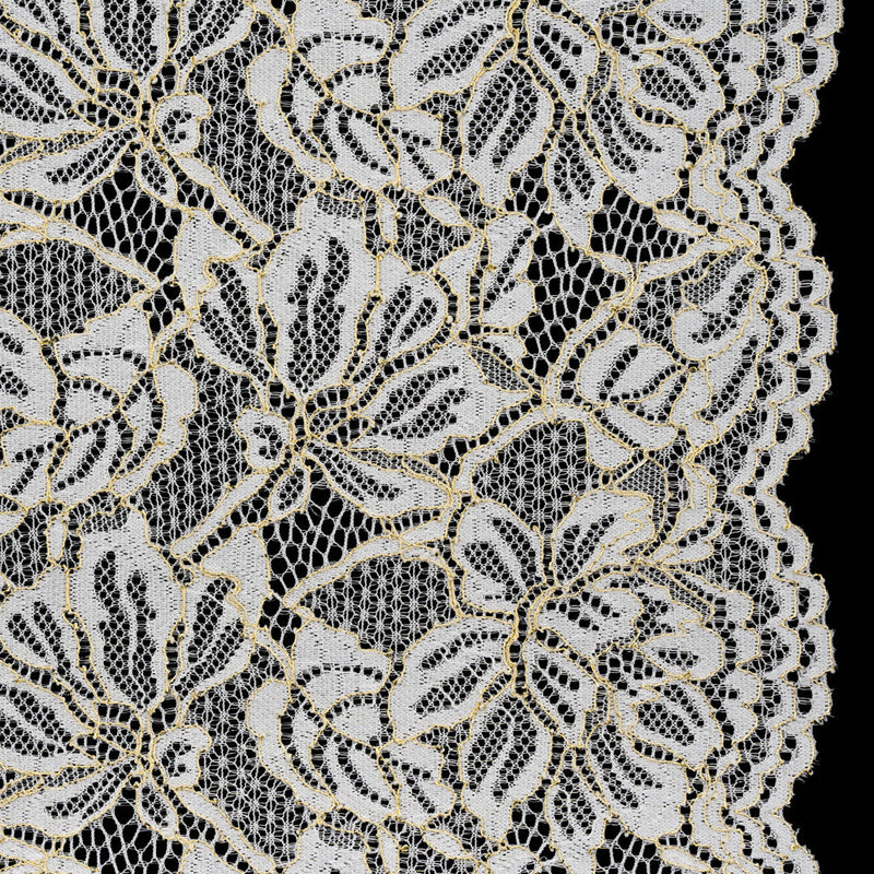 Stretch Metallic Corded Lace with Finished Edges - Ivory and Gold Tropical Blossoms - Ottilie Collection