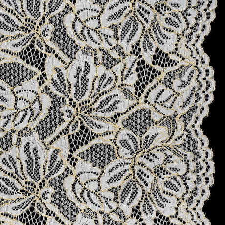 Stretch Metallic Corded Lace with Finished Edges - Ivory and Gold Tropical Blossoms - Ottilie Collection