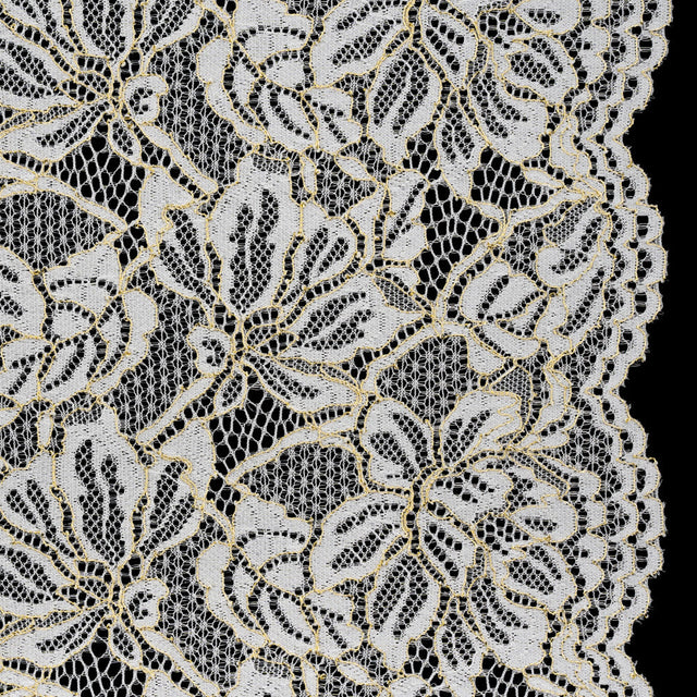 Stretch Metallic Corded Lace with Finished Edges - Ivory and Gold Tropical Blossoms - Ottilie Collection