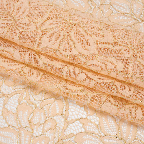 Stretch Metallic Corded Lace with Finished Edges - Linen Beige and Gold Tropical Blossoms - Ottilie Collection