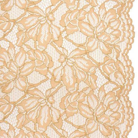 Stretch Metallic Corded Lace with Finished Edges - Linen Beige and Gold Tropical Blossoms - Ottilie Collection