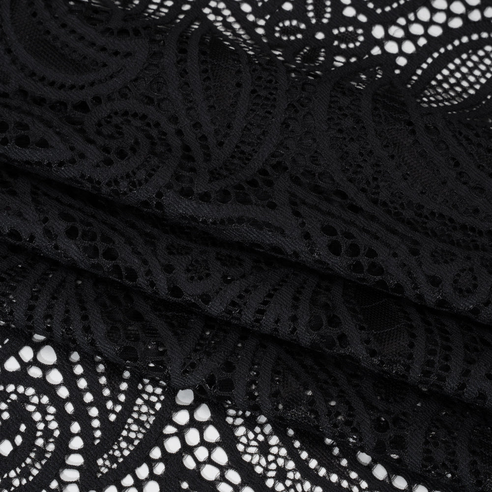 Stretch Raschel Lace with Finished Edges - Black Swirling Gardens