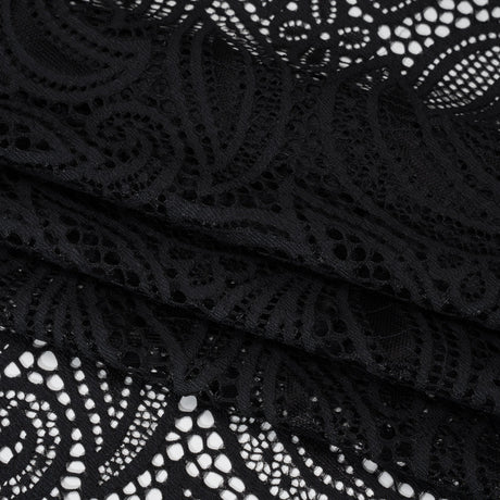 Stretch Raschel Lace with Finished Edges - Black Swirling Gardens
