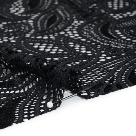 Stretch Raschel Lace with Finished Edges - Black Swirling Gardens