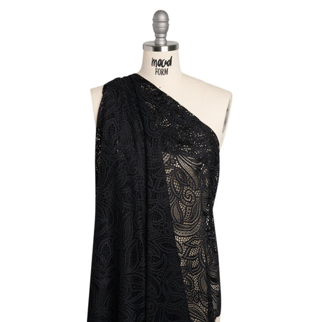 Stretch Raschel Lace with Finished Edges - Black Swirling Gardens