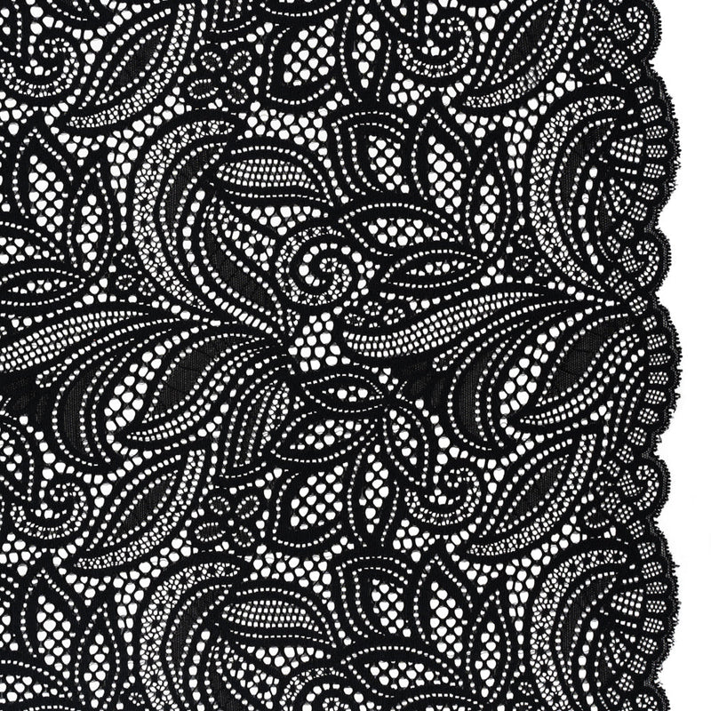 Stretch Raschel Lace with Finished Edges - Black Swirling Gardens
